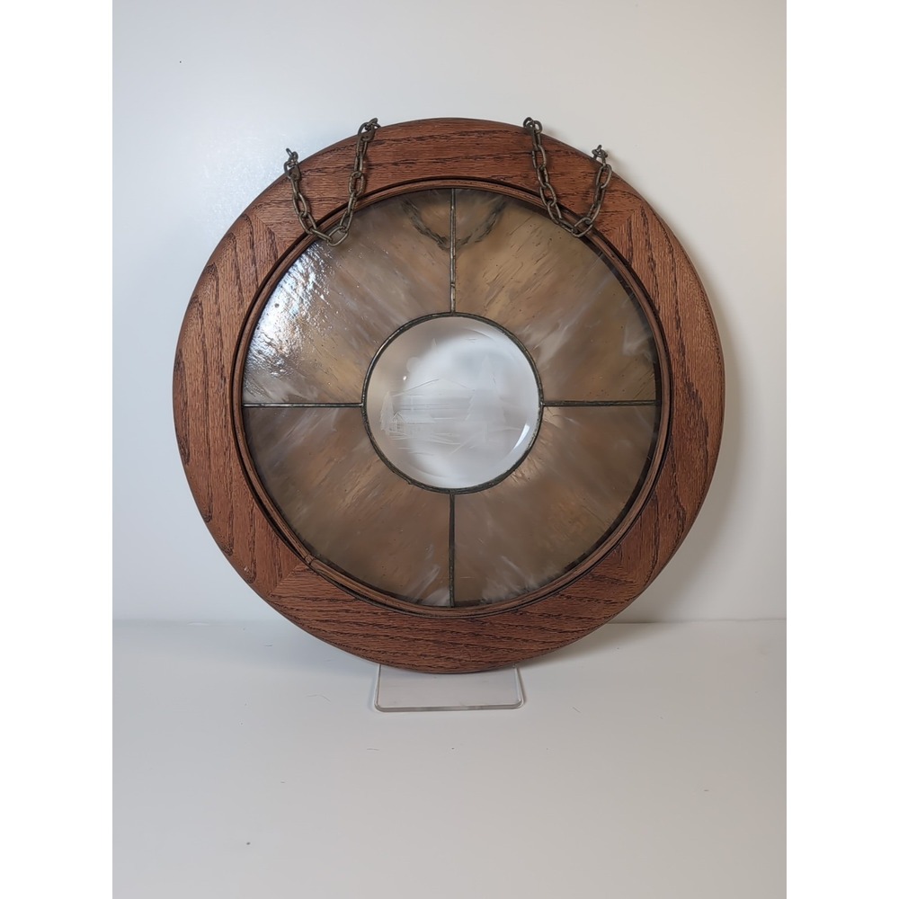 Stained Glass Etched Mountain Scene Heavy Oak Wood Round Wall Hanging On Chain